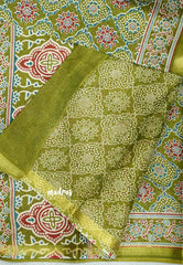 Isha - chanderi cotton with Ajrakh prints and tissue border - Sap green