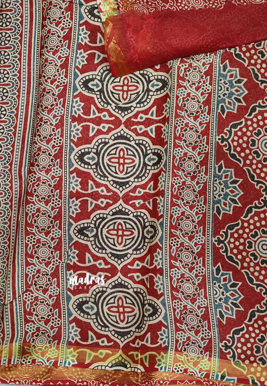 Isha - chanderi cotton with Ajrakh prints and tissue border - Deep Red