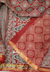 Isha - chanderi cotton with Ajrakh prints and tissue border - Deep Red