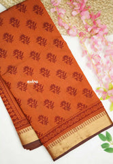 Chanderi silk with bagru Floral design - Rust orange