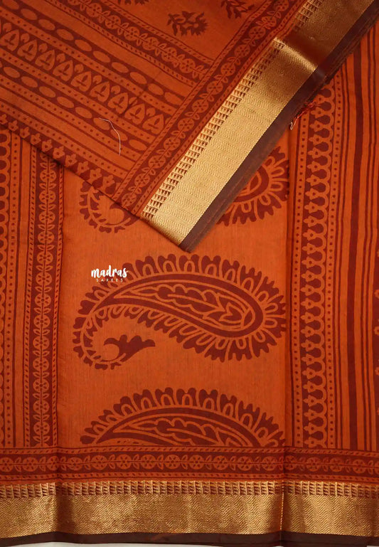 Chanderi silk with bagru Floral design - Rust orange