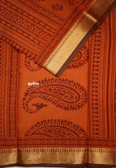 Chanderi silk with bagru Floral design - Rust orange