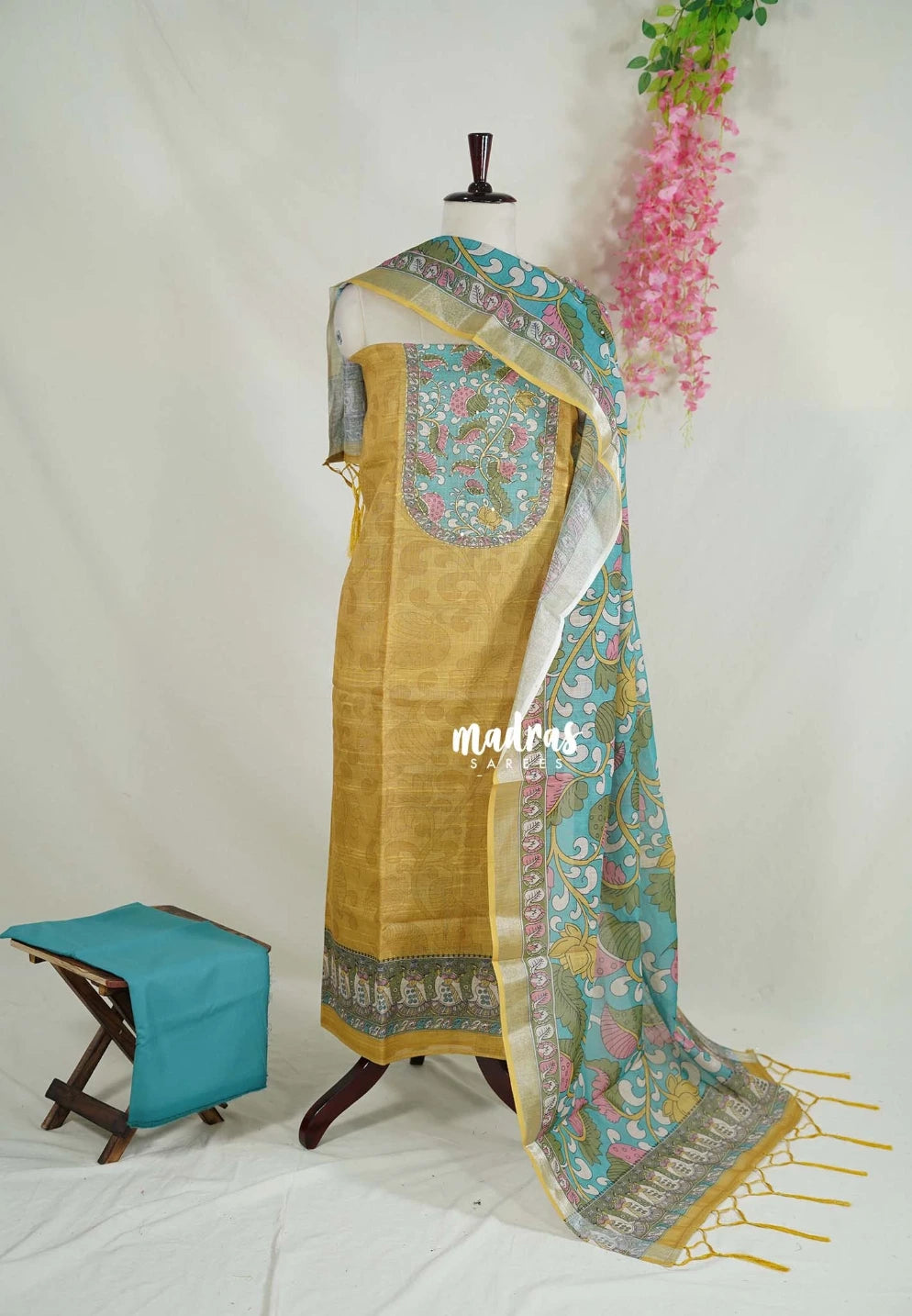 Amitha – Mustard Glow - Chanderi Silk with Kalamkari Prints and Kantha Stitch Work Salwar Suit