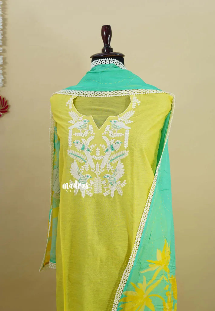 Amitha – Lime Yellow Chanderi silk salwar suit with digital printed dupatta cotton bottom
