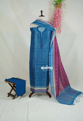 Amitha – Peacock Blue - Chanderi Silk Semi Stitch Neck with Ikkat Prints Salwar Suit 3 Piece Set