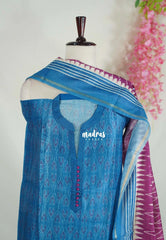 Amitha – Peacock Blue - Chanderi Silk Semi Stitch Neck with Ikkat Prints Salwar Suit 3 Piece Set