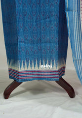 Amitha – Peacock Blue - Chanderi Silk Semi Stitch Neck with Ikkat Prints Salwar Suit 3 Piece Set