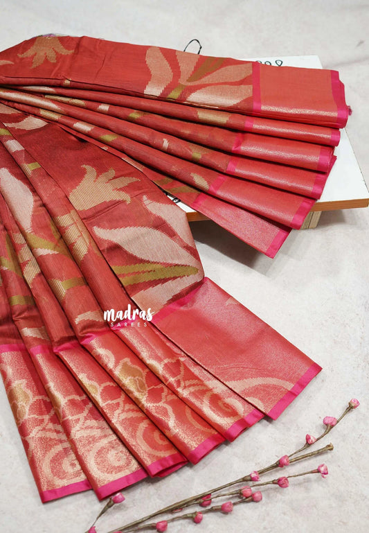 Red Ember - Chandrika - Ikkat Pochampally Silk cotton with Tissue border