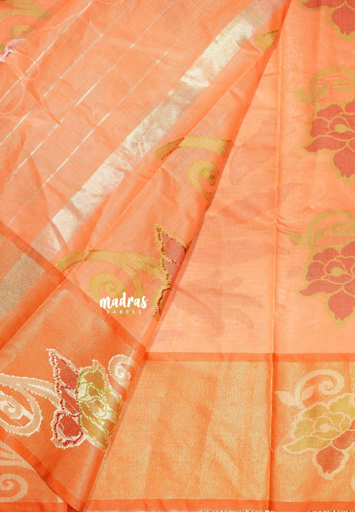 Peach Mist - Chandrika - Ikkat Pochampally Silk cotton with Tissue border