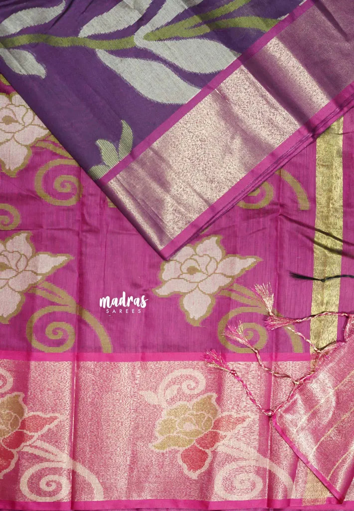 Moonlit Purple - Chandrika - Ikkat Pochampally Silk cotton with Tissue border