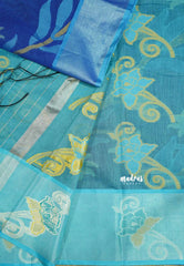 Blue - Chandrika - Ikkat Pochampally Silk cotton with Tissue border