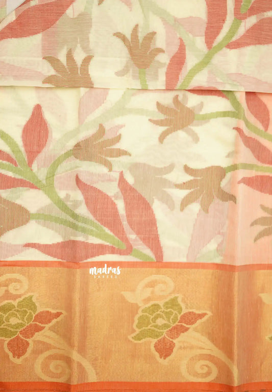 Chandrika - Ikkat Pochampally Silk cotton with Tissue border - Half white - Madras Sarees 