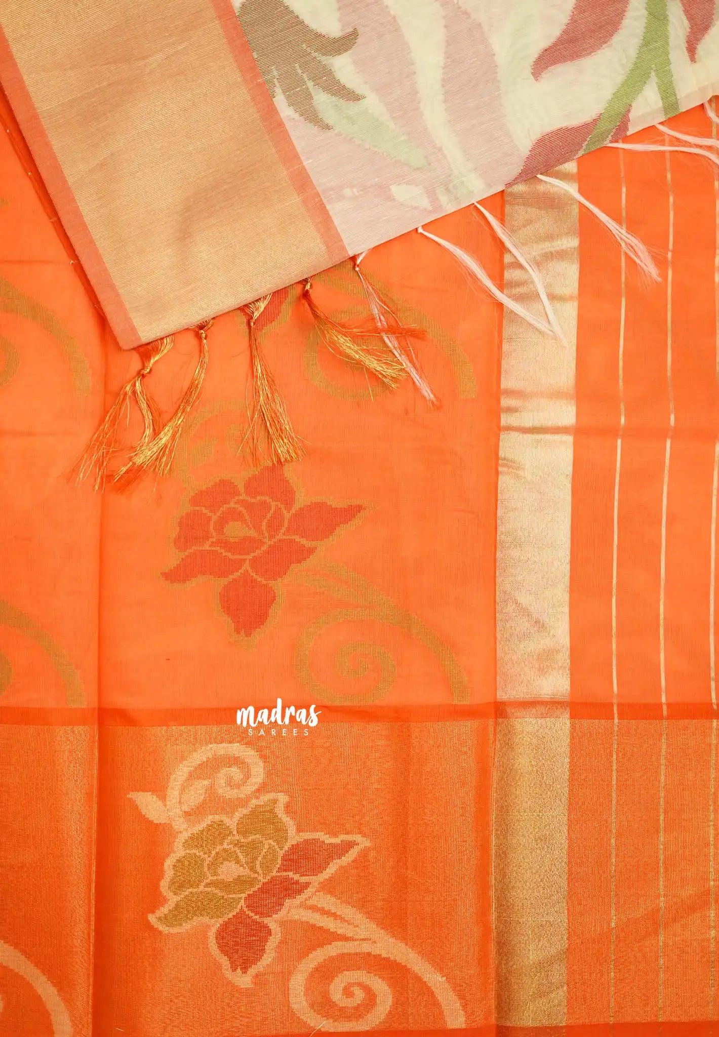 Chandrika - Ikkat Pochampally Silk cotton with Tissue border - Half white - Madras Sarees 