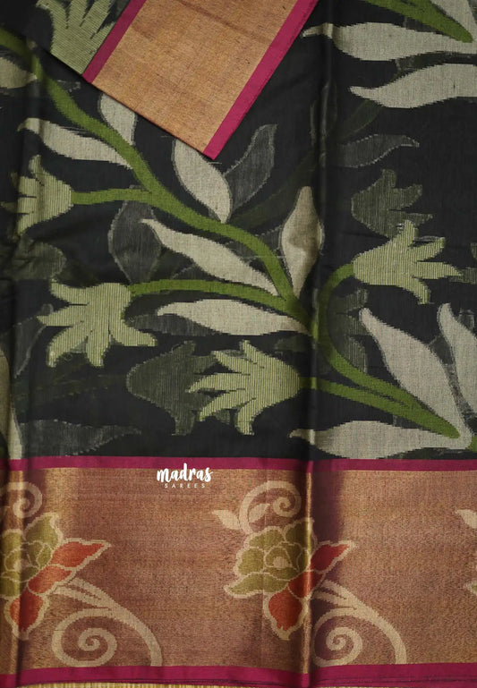 Chandrika - Ikkat Pochampally Silk cotton with Tissue border - Black - Madras Sarees 