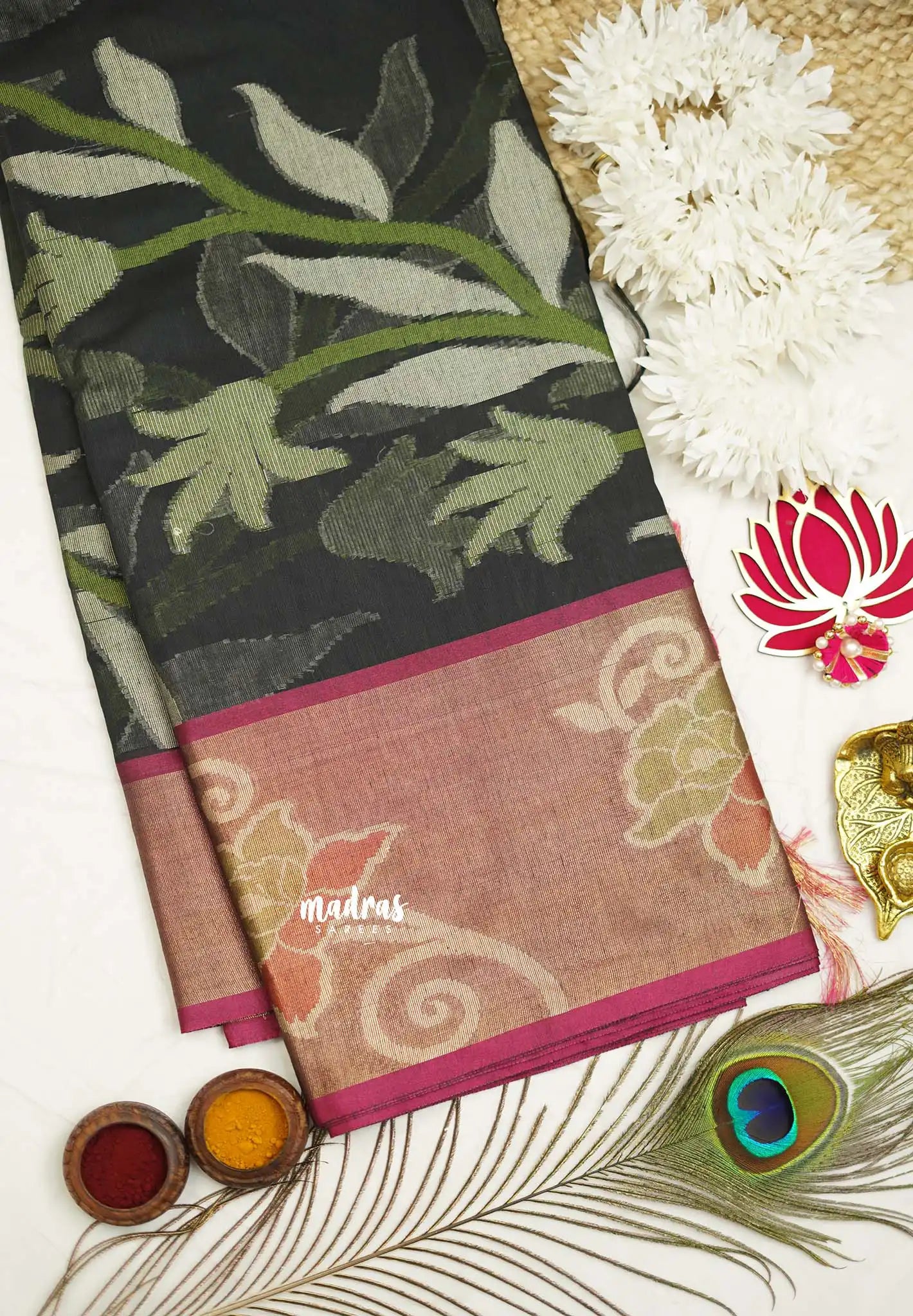 Chandrika - Ikkat Pochampally Silk cotton with Tissue border - Black - Madras Sarees 