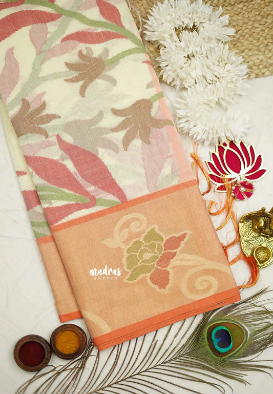 Chandrika - Ikkat Pochampally Silk cotton with Tissue border - Half white - Madras Sarees 
