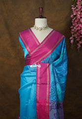 Bright Sky Blue wih Queen's Pink - Chandrika - Ikkat Pochampally Soft Silk with Rettapet Border - Best for Small Functions