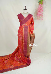 Dual Shade Coral Orange - Chandrika - Ikkat Pochampally Soft Silk with Zari Weaving Buttas and Rich Pallu - Perfect for Diwali Festive | Celebrations