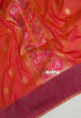 Dual Shade Coral Orange - Chandrika - Ikkat Pochampally Soft Silk with Zari Weaving Buttas and Rich Pallu - Perfect for Diwali Festive | Celebrations