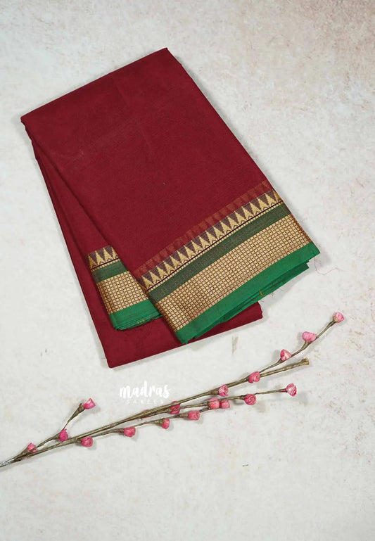 Maroon - Chettinad cotton plain body with small temple border