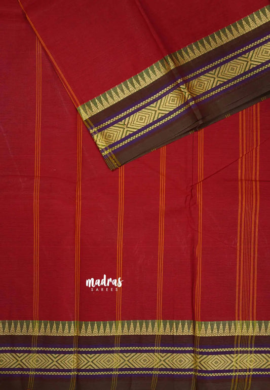 Red - Chettinad cotton plain body with temple small border