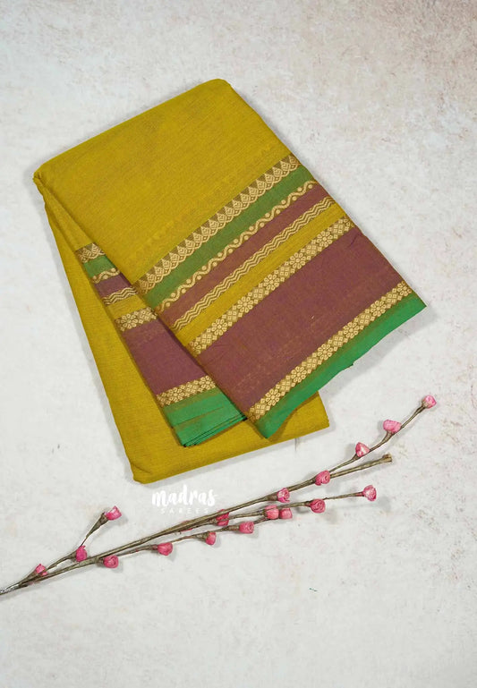 Mustard Yellow - Chettinad cotton plain body with Multiborder