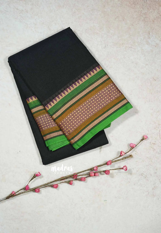 Black - Chettinad cotton plain body with small temple border