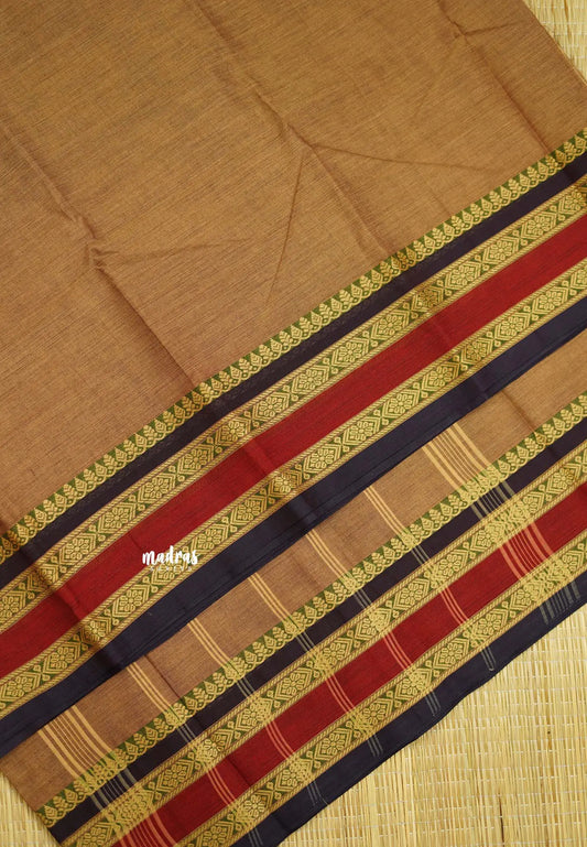 Contemporary chettinad cotton rettapet border with blouse - Mild chocolate brown