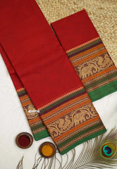 Contemporary chettinad cotton yaanai and annam border with blouse - Maroon red