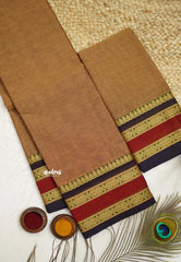 Contemporary chettinad cotton rettapet border with blouse - Mild chocolate brown