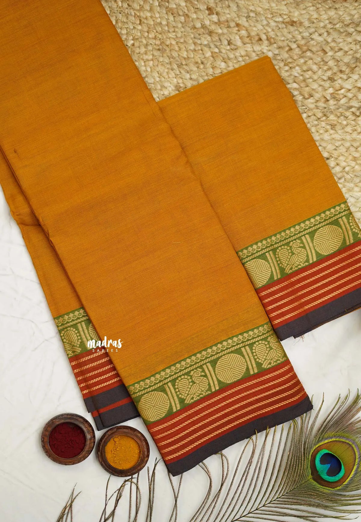 Contemporary chettinad cotton stripes border and rudraksham with blouse - Mustard yellow