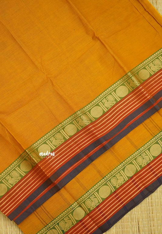 Contemporary chettinad cotton stripes border and rudraksham with blouse - Mustard yellow