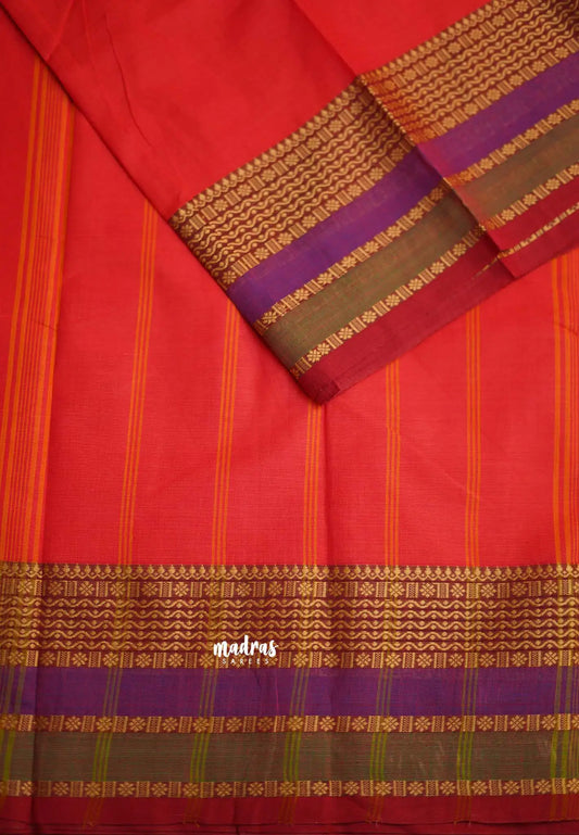 Contemporary chettinad cotton bright peach pink with multi border