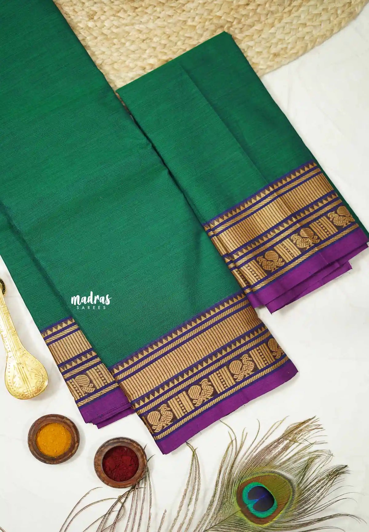 Contemporary chettinad cotton annam border with blouse - Emerald green - Madras Sarees 