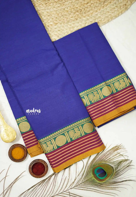 Contemporary chettinad cotton rudraksham border with blouse - Ink blue