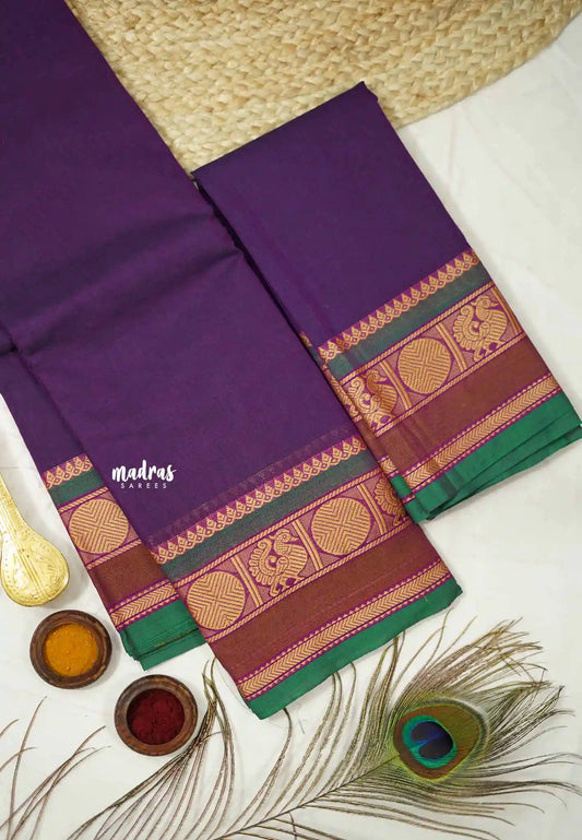 Contemporary chettinad cotton rudraksham annam border with blouse - Purple