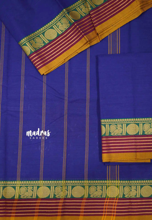 Contemporary chettinad cotton rudraksham border with blouse - Ink blue