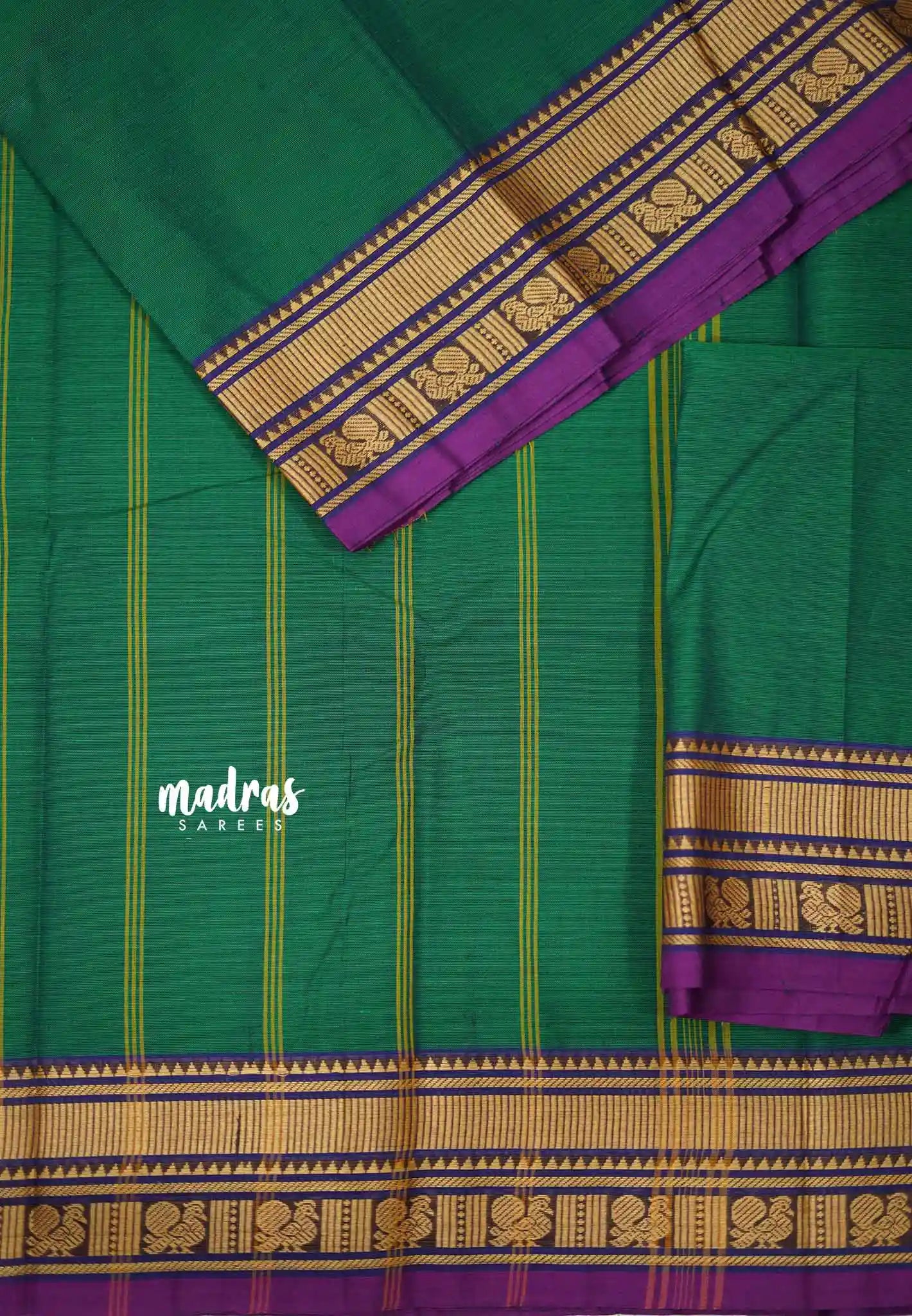 Contemporary chettinad cotton annam border with blouse - Emerald green - Madras Sarees 