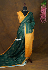 Chithiram –  Emerald Green in Soft Paper Silk | Intricate Kolam Prints  | Statement Contrast Pallu & Blouse | Effortless Casual Style