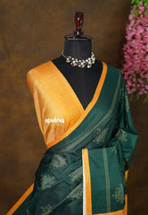 Chithiram –  Emerald Green in Soft Paper Silk | Intricate Kolam Prints  | Statement Contrast Pallu & Blouse | Effortless Casual Style
