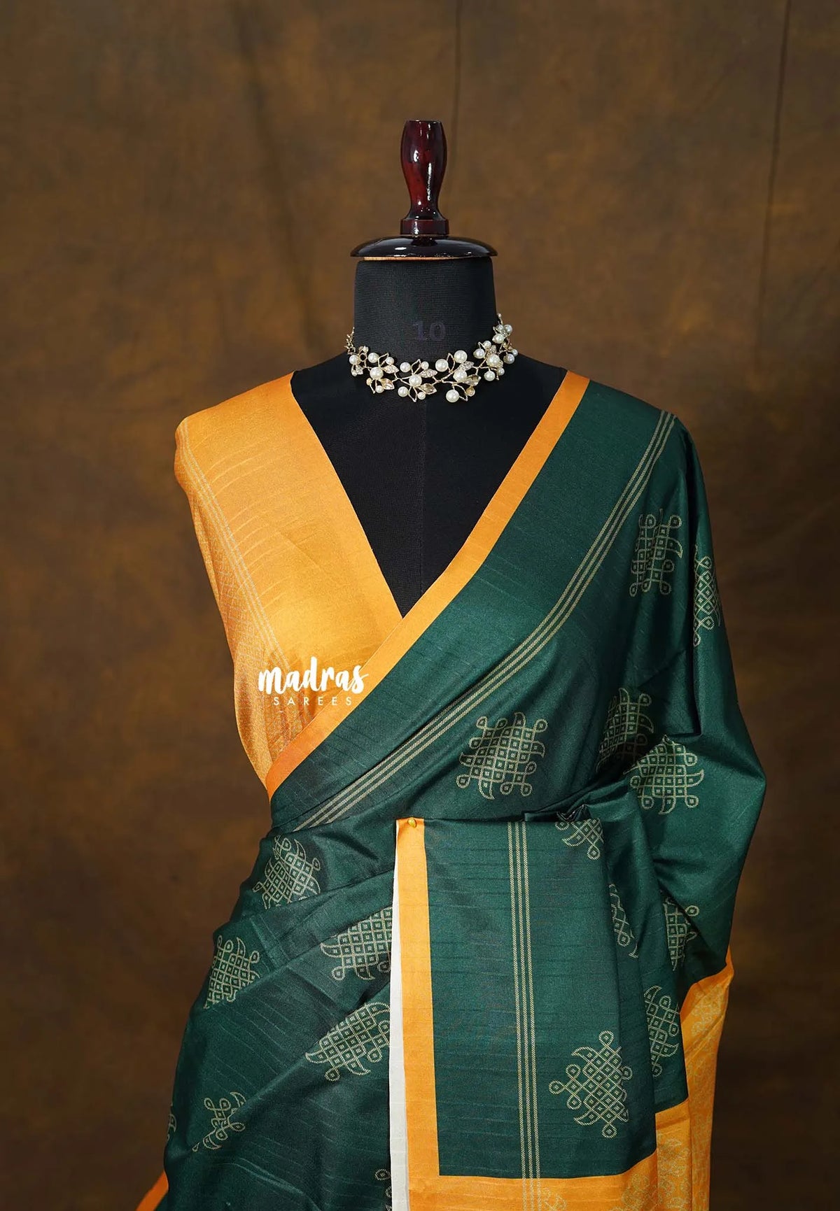 Chithiram –  Emerald Green in Soft Paper Silk | Intricate Kolam Prints  | Statement Contrast Pallu & Blouse | Effortless Casual Style