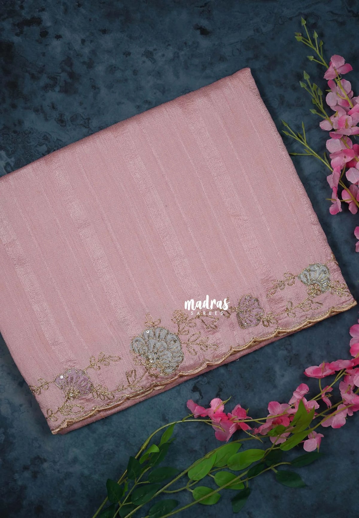 Blush Pink - Chitraleka - Semi Tussar Silk Embroidery with Scallop Border | Perfect for Pooja Functions
