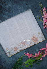 Cloudy Blue - Chitraleka - Semi Tussar Silk Embroidery with Scallop Border | Perfect for Pooja Functions