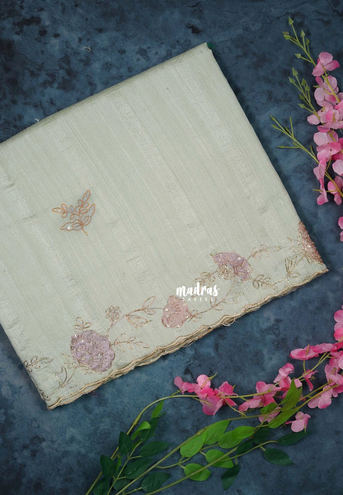 Mint Green - Chitraleka - Semi Tussar Silk Embroidery with Scallop Border | Perfect for Pooja Functions