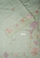 Mint Green - Chitraleka - Semi Tussar Silk Embroidery with Scallop Border | Perfect for Pooja Functions