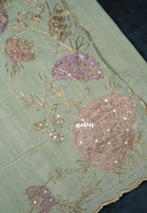 Mint Green - Chitraleka - Semi Tussar Silk Embroidery with Scallop Border | Perfect for Pooja Functions