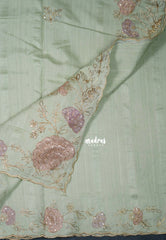 Mint Green - Chitraleka - Semi Tussar Silk Embroidery with Scallop Border | Perfect for Pooja Functions
