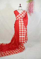 Vermilion Red - Chitraleka - Semi Tussar Silk with Checks Border | Perfect for Small Functions
