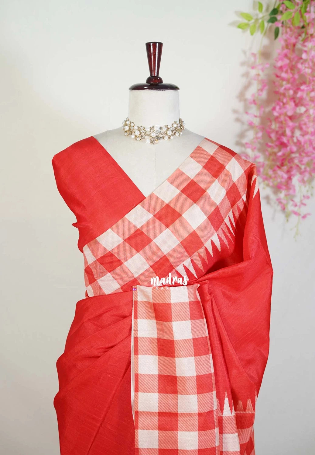 Vermilion Red - Chitraleka - Semi Tussar Silk with Checks Border | Perfect for Small Functions