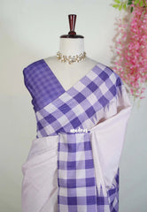 Creamy Lilac - Chitraleka - Semi Tussar Silk with Checks Border | Perfect for Small Functions